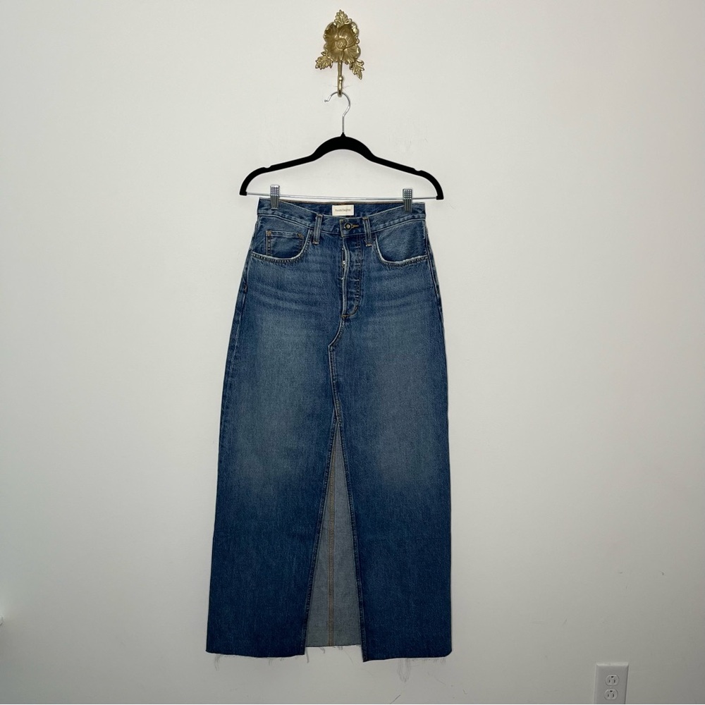 Favorite Daughter Blue Denim Long Front-Slit Skirt